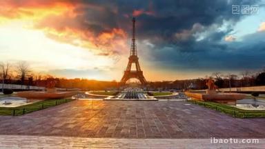 巴黎，埃菲尔铁塔在日出，<strong>时间流逝</strong>
